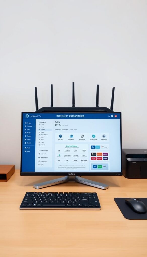 A sleek, modern desktop setup showcasing the Hoxtoon IPTV provider's intuitive subscription management interface. In the foreground, a high-resolution display presents a clean, minimalist dashboard with easy-to-navigate menus for activating and managing the IPTV lifetime subscription. The middle ground features a wireless keyboard and mouse, creating a seamless user experience. In the background, a state-of-the-art router and modem setup ensure a reliable, high-speed internet connection to support the IPTV service. The lighting is soft and even, highlighting the premium quality of the equipment and creating a professional, task-oriented atmosphere.
