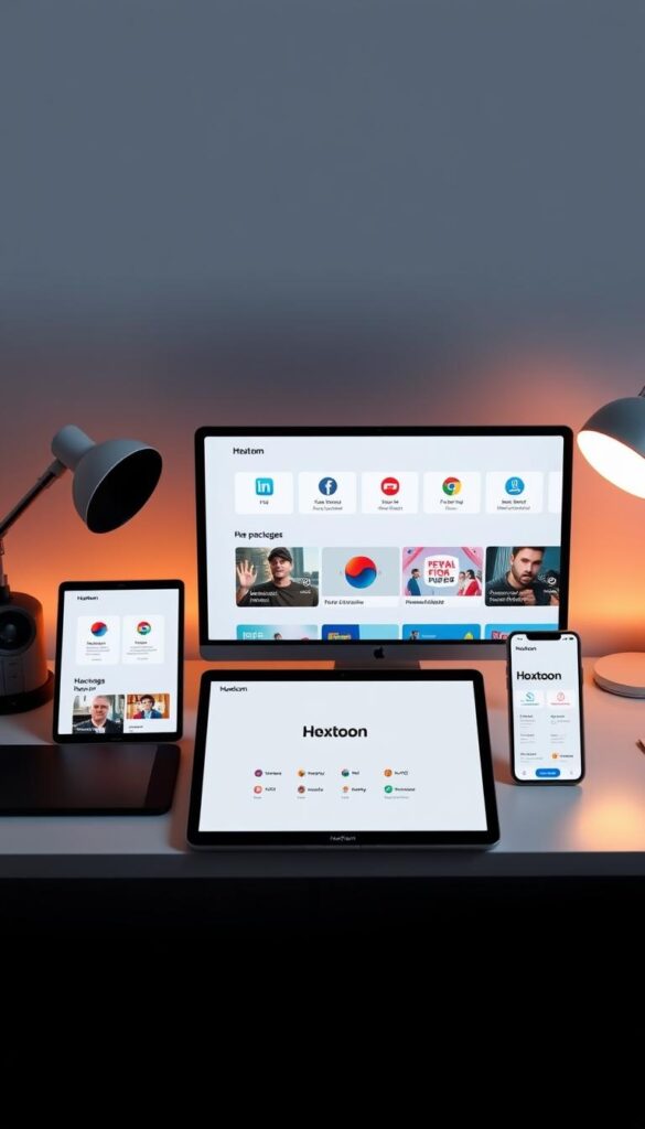 A sleek, modern desktop workspace with a laptop, tablet, and smartphone displaying IPTV packages and plans from the Hoxtoon Provider. The devices are arranged neatly against a minimalist background with soft, warm lighting and muted gray tones, creating a professional and sophisticated atmosphere. The focus is on the digital content and interfaces, showcasing the versatility and accessibility of Hoxtoon's IPTV offerings for expatriates living abroad.