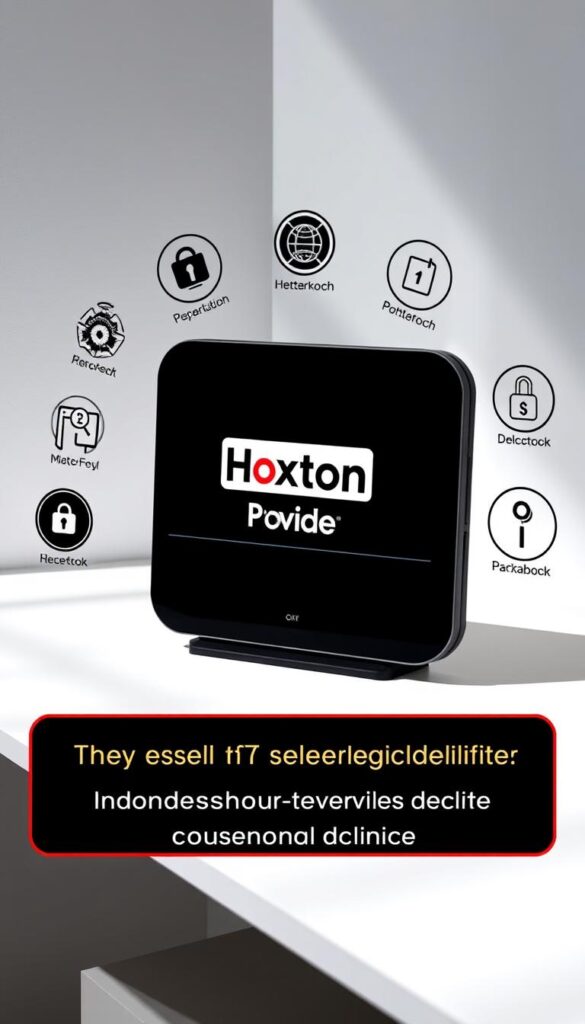A sleek, modern device displaying the Hoxtoon Provider logo, surrounded by various IPTV service details and security icons. The device is set against a stylish, minimalist backdrop, with soft, directional lighting casting subtle shadows. The overall composition conveys a sense of reliability, professionalism, and trustworthiness, highlighting the importance of identifying legitimate IPTV providers to avoid scams.