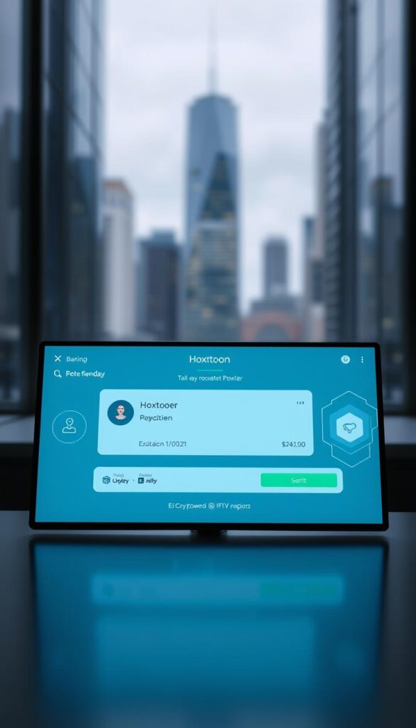 A sleek, modern digital banking interface showcasing a cryptocurrency transaction between a user and the "Hoxtoon Provider" IPTV service. The screen displays a clean, minimalist design with crisp icons, elegant typography, and a calming, blue-tinted color palette. In the center, a transaction details panel highlights the payment amount, recipient, and confirmation status, all surrounded by a subtle hexagonal grid pattern suggestive of blockchain technology. The background features a blurred cityscape, hinting at the global, decentralized nature of the crypto-powered IPTV ecosystem. Lighting is soft and diffused, creating a sense of sophistication and security. The overall mood is one of seamless, encrypted digital commerce.