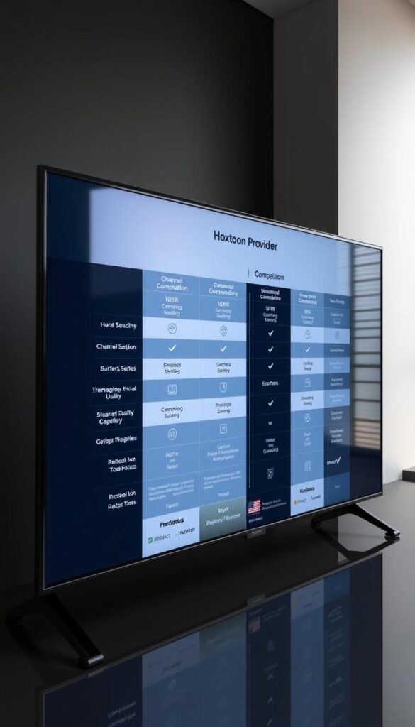 A sleek, modern digital comparison chart displayed on a large, high-resolution screen. The chart features side-by-side columns showcasing the key features and capabilities of the "Hoxtoon Provider" IPTV service and its main competitors. The columns are visually distinct, with clean typography, icons, and infographic elements highlighting aspects like channel selection, streaming quality, device compatibility, pricing, and customer support. The chart is set against a minimalist, minimally-lit office or workspace backdrop, emphasizing the professional, analytical nature of the comparison. Subtle reflections on the screen's surface add depth and a sense of high-end, premium presentation.