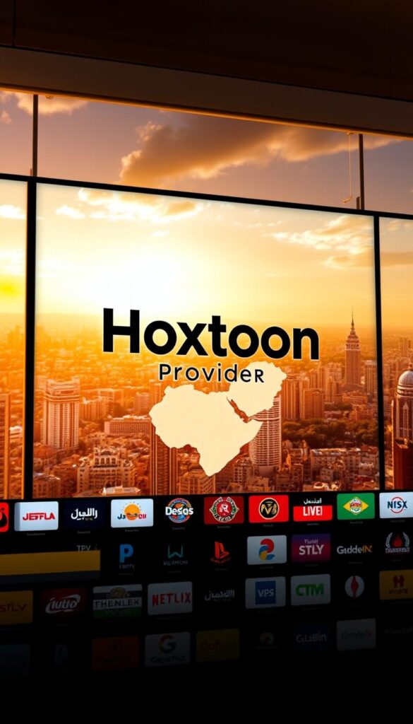 A sleek, modern digital screen displaying the bold "Hoxtoon Provider" logo, set against a backdrop of a lush, vibrant Arabic cityscape. The foreground showcases an array of IPTV channel icons, each with a distinct Arabic design. The middle ground features a stylized map of the Middle East, highlighting the service's regional coverage. The background is bathed in warm, golden lighting, evoking a sense of comfort and reliability. The overall composition conveys the premium quality and comprehensive offerings of this premier Arabic IPTV service.