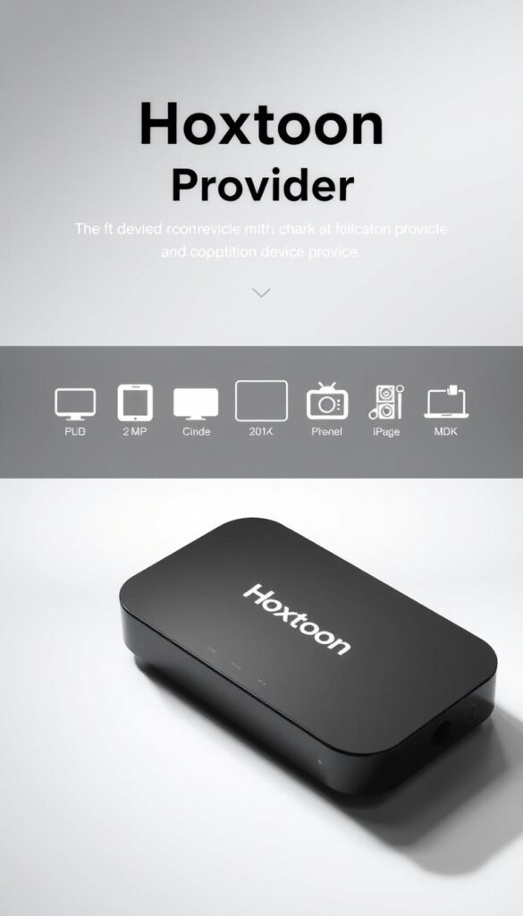 A sleek, modern electronic device with the "Hoxtoon Provider" brand prominently displayed in a clean, minimalist design. The device is positioned in the foreground, surrounded by a soft, diffused lighting that creates a sense of depth and emphasis. The middle ground features various compatible device icons and symbols, neatly arranged to showcase the device's versatility. The background is a subtle, gradient-based pattern that complements the overall aesthetic, creating a visually striking and informative composition.