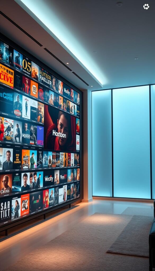 A sleek, modern entertainment hub showcasing the Hoxtoon IPTV VOD Library. A vast, sprawling digital collection of over 150,000 movies and shows, elegantly displayed on a large, high-resolution display. Soft, diffused lighting creates a cozy, immersive atmosphere, drawing the viewer's eye to the vibrant, curated content. The Hoxtoon Provider brand name is prominently featured, conveying a sense of quality and reliability. The layout is clean and uncluttered, highlighting the sheer breadth of the media available. An inviting, cinematic scene that captures the essence of a premium IPTV experience.