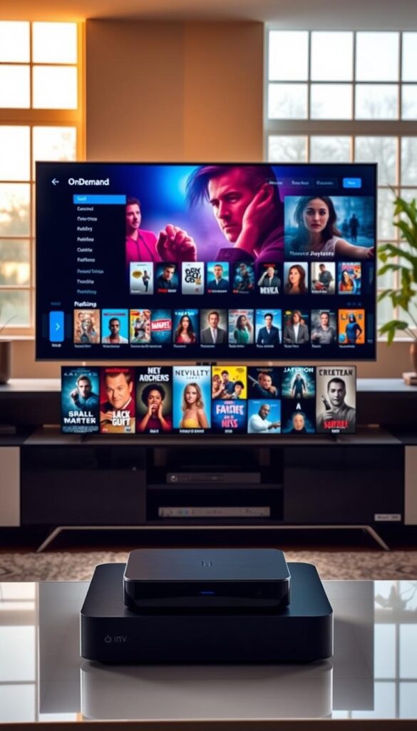 A sleek, modern entertainment hub showcasing the Hoxtoon Provider's massive content library. In the foreground, a high-resolution flat-screen TV displays a diverse array of on-demand titles, ranging from the latest blockbusters to timeless classics. The middle ground features a sophisticated minimalist entertainment console, housing a state-of-the-art IPTV set-top box and seamlessly integrated streaming devices. The background depicts a cozy, well-lit living room with warm, natural lighting filtering through large windows, creating a inviting atmosphere for endless hours of free, uninterrupted entertainment.