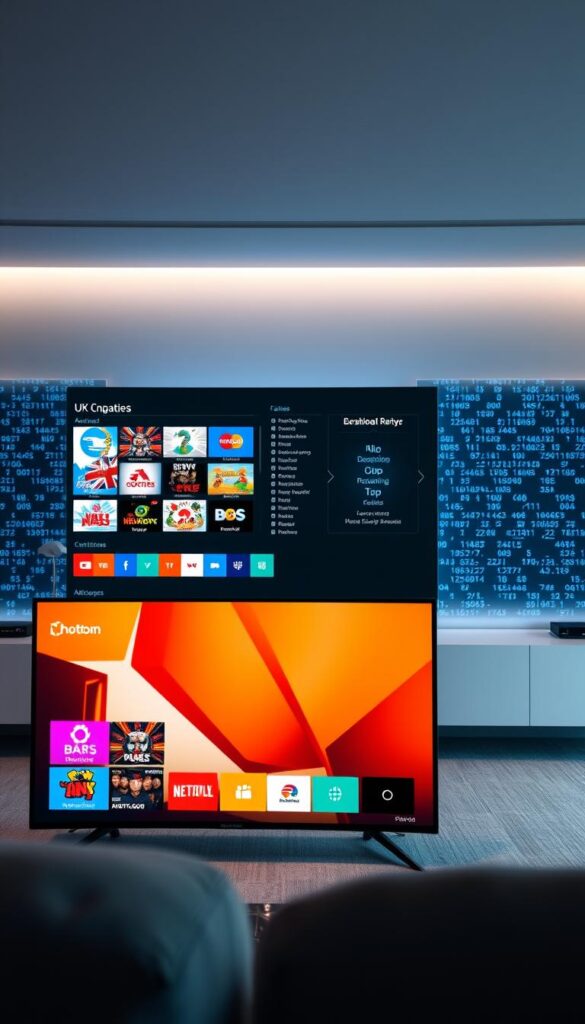 A sleek, modern entertainment hub showcasing the advanced features and customization options of the Hoxtoon Provider IPTV service. In the foreground, a high-resolution display presents a diverse array of UK television channels, each with crisp, vibrant visuals. The middle ground features a clean, minimalist user interface, allowing seamless navigation and personalization. In the background, a subtle grid of streaming data packets represents the reliable, low-latency network infrastructure powering the Hoxtoon Provider platform. The overall scene conveys a sense of technological sophistication, user-centric design, and the comprehensive capabilities of this leading IPTV solution.