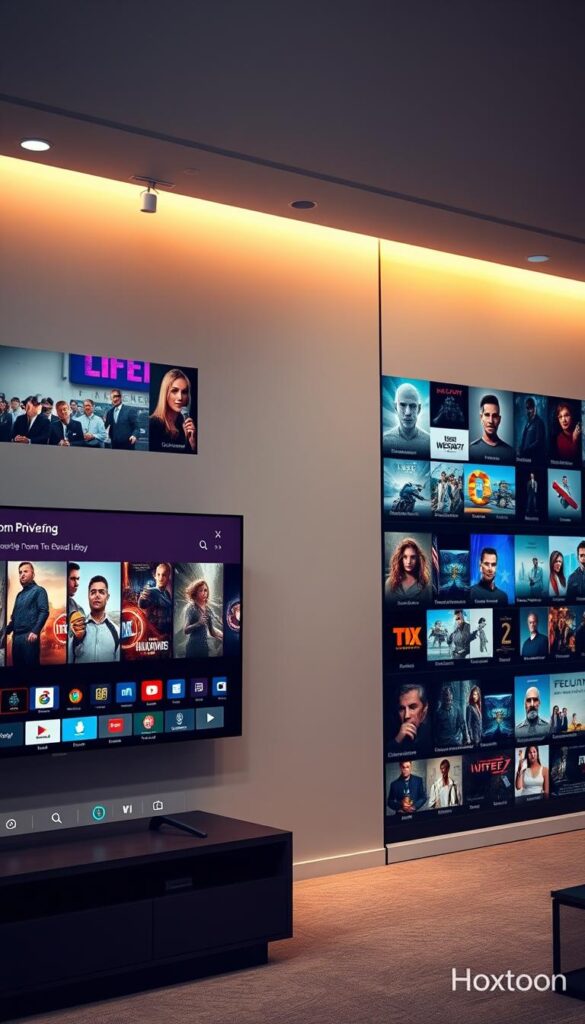 A sleek, modern entertainment hub showcasing the vast IPTV content library of the Hoxtoon Provider. In the foreground, a state-of-the-art smart TV displays a diverse array of channels, movies, and live events. The middle ground features elegant UI elements, intuitive navigation, and a sophisticated search function. In the background, rows of high-resolution thumbnails tease the extensive on-demand content, ranging from the latest blockbusters to niche documentaries. Soft, indirect lighting creates a warm, inviting atmosphere, while a clean, minimalist design aesthetic exudes a sense of premium quality. The overall scene conveys the comprehensive, tailored viewing experience that a lifetime IPTV subscription with Hoxtoon Provider can offer.