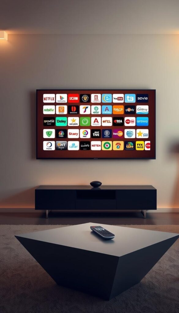A sleek, modern entertainment hub showcasing the vast array of Arabic IPTV channels offered by Hoxtoon Provider. The scene depicts a stylized, minimalist living room with a large, high-definition flat-screen TV prominently displayed. The TV screen is filled with a dynamic grid of channel logos, representing the incredible diversity of content available, from news and sports to movies and entertainment. The room is bathed in a warm, diffused lighting, creating a inviting and immersive atmosphere. In the foreground, a modern, angular coffee table holds a remote control, symbolizing the ease of access to this comprehensive IPTV service. The overall composition conveys a sense of technological sophistication and the promise of endless entertainment possibilities.