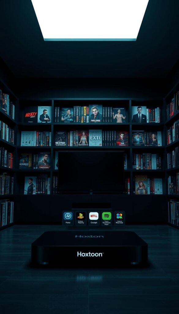 A sleek, modern entertainment hub showcasing the vast content library of Hoxtoon Provider. A dimly lit room with moody, atmospheric lighting from above, casting dramatic shadows across shelves brimming with a diverse array of digital media - movies, TV shows, live channels, and more. The shelves are neatly organized, creating a sense of order and curation. In the foreground, a high-end streaming device stands prominently, its interface displaying Hoxtoon's intuitive, user-friendly layout. The overall scene conveys the idea of an expansive, premium IPTV service at the fingertips of the viewer.