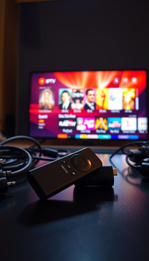 A sleek, modern firestick device resting on a dark, glossy surface, surrounded by various cables and connectors. In the background, a vibrant, dynamic display showcases the Hoxtoon Provider IPTV interface, its elegant UI and colorful content thumbnails. The scene is illuminated by a soft, warm lighting that creates a cozy, inviting atmosphere, guiding the viewer's attention to the firestick and the IPTV setup process. The overall composition suggests a step-by-step, user-friendly installation experience for the Hoxtoon Provider IPTV service on the firestick device.