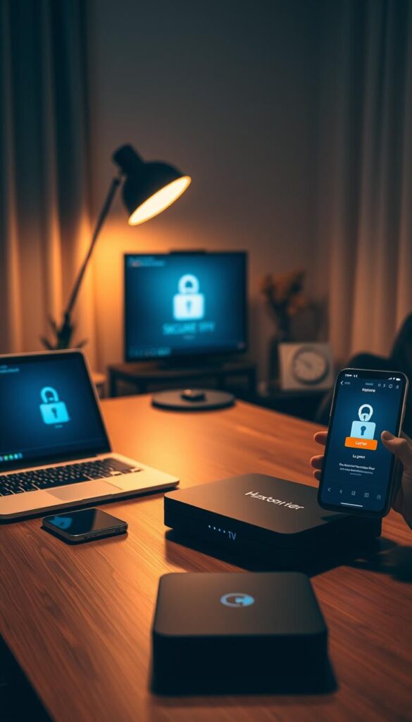 A sleek, modern home office setup with a laptop, smartphone, and a secure IPTV box by Hoxtoon Provider prominently displayed. The room is bathed in warm, diffused lighting, creating a cozy yet professional atmosphere. The laptop screen displays a secure login interface, hinting at the robust security measures in place. The smartphone showcases the Hoxtoon Provider app, highlighting the seamless integration of the IPTV service. The overall scene conveys a sense of control, privacy, and the convenience of a lifetime IPTV subscription without the need for traditional set-top boxes.