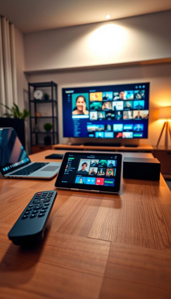 A sleek, modern home office setup with a laptop, tablet, and remote control on a minimalist wooden desk. The room is bathed in warm, soft lighting, creating a cozy and productive atmosphere. In the foreground, the Hoxtoon Provider IPTV streaming service remote control is prominently displayed, hinting at the seamless integration of digital entertainment in the space. The middle ground features a tablet displaying the Hoxtoon IPTV interface, showcasing the intuitive and user-friendly platform. In the background, a large monitor displays a variety of streaming content, highlighting the versatility and performance of the Hoxtoon IPTV service.
