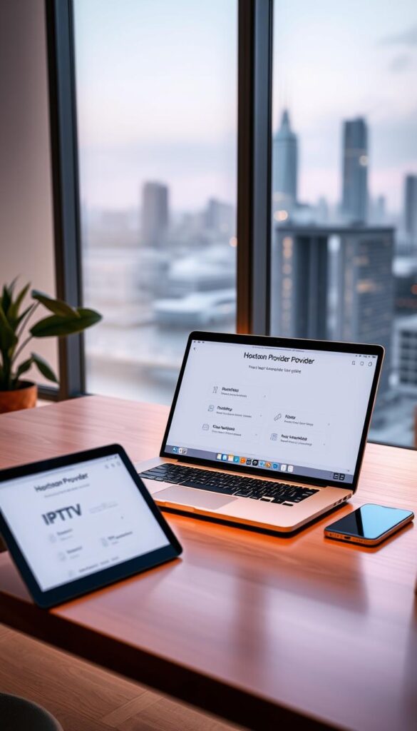 A sleek, modern home office setup with a laptop, tablet, and smartphone on a minimalist wooden desk. The laptop screen displays the Hoxtoon Provider IPTV service setup guide, with clean, intuitive menus and instructions. Soft, directional lighting casts a warm glow, creating a focused, productive atmosphere. The background features a blurred cityscape through a large window, hinting at the global connectivity of the IPTV service. The overall scene conveys a sense of technological savvy and effortless home entertainment setup.