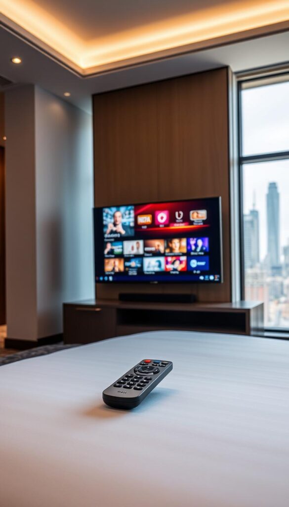 A sleek, modern hotel room interior with a large flatscreen TV displaying the Hoxtoon Provider IPTV interface. The room is well-lit with a mix of natural and artificial lighting, creating a warm and inviting atmosphere. In the foreground, a stylish remote control is placed on a minimalist bedside table, hinting at the user-friendly nature of the IPTV system. The middle ground features a neatly made king-size bed, emphasizing the comfort and luxury of the hotel experience. In the background, a large window overlooking a vibrant city skyline, conveying a sense of connectivity and entertainment options for the hotel guests.