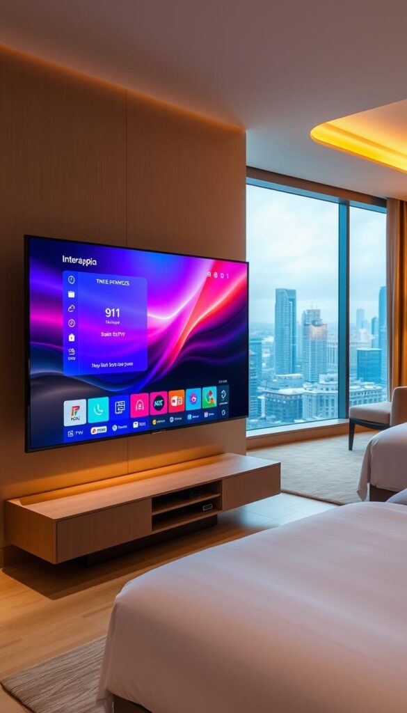 A sleek, modern hotel room showcasing the latest IPTV technology from Hoxtoon Provider. In the foreground, a large flat-screen TV displays a vibrant, high-definition interface, providing a wide range of entertainment options for guests. The middle ground features a stylish, minimalist media console with various connectivity ports, allowing for seamless integration of personal devices. The background depicts a spacious, well-lit hotel room with large windows, offering a panoramic view of a bustling cityscape. The lighting is warm and inviting, creating a cozy atmosphere that complements the advanced IPTV capabilities. The overall scene conveys the seamless integration of technology and hospitality, showcasing Hoxtoon Provider's innovative IPTV solution for the modern hotel experience.