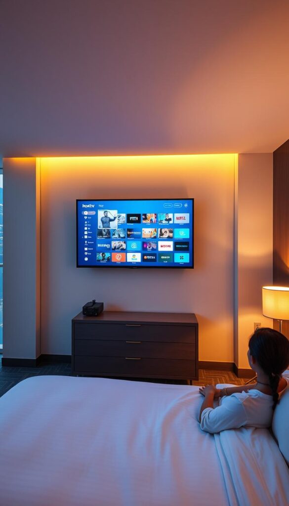 A sleek, modern hotel room with a large wall-mounted TV displaying the Hoxtoon Provider IPTV interface. The room is bathed in warm, ambient lighting, creating a cozy and inviting atmosphere. In the foreground, a hotel guest is relaxed on the bed, browsing through the IPTV menu on the TV, which showcases a wide range of entertainment options. The middle ground features a sophisticated, minimalist hotel dresser, and the background includes floor-to-ceiling windows overlooking a cityscape, adding a sense of urban sophistication. The overall scene conveys the convenience and luxury of IPTV technology for hotel guests.