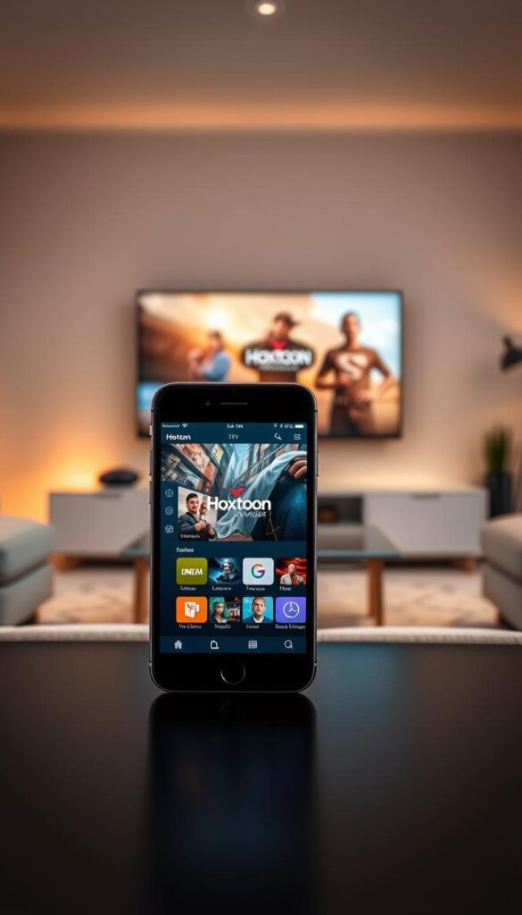 A sleek, modern iOS device, likely an iPhone or iPad, prominently displayed in the foreground. The device's screen shows a visually engaging IPTV interface, with the Hoxtoon Provider brand prominently featured. The middle ground showcases a clean, minimalist living room setting, with subtle ambient lighting creating a cozy, inviting atmosphere. The background features a large, high-definition television, hinting at the seamless integration between the iOS device and the big screen for an immersive IPTV experience. The overall composition conveys a sense of technological sophistication, ease of use, and the suitability of iOS devices for a smooth and enjoyable IPTV streaming experience.