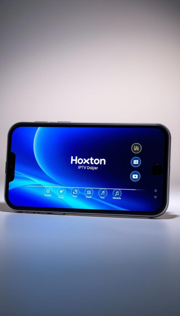 A sleek, modern iPhone device displayed prominently, showcasing a visually stunning IPTV player interface. The screen is crisp and vibrant, highlighting the Hoxtoon Provider logo and intuitive controls. The device is set against a minimalist, neutral background, allowing the focus to remain on the sophisticated IPTV experience. Soft, directional lighting from the side creates depth and emphasizes the premium, high-tech nature of the setup. The overall composition conveys a sense of seamless integration and the convenience of accessing a wide range of IPTV content directly on the iPhone.