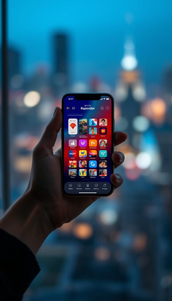 A sleek, modern iPhone displaying the Hoxtoon Provider IPTV app interface, showcasing a clean and intuitive user experience. The device is held in a well-lit, minimalist setting, with soft, directional lighting highlighting the screen's vibrant colors and crisp details. The background features a blurred, bokeh-effect cityscape, creating a sense of urban sophistication. The overall mood is one of seamless technology integration, empowering the user to effortlessly access a wealth of IPTV content on their iPhone.