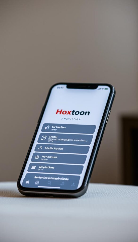 A sleek, modern iPhone screen displaying the Hoxtoon Provider IPTV app interface. The display showcases a clean, minimalist design with bold typography and intuitive menu options. The iPhone is positioned on a neutral-toned surface, bathed in soft, diffused lighting that highlights the device's premium aesthetics. The background is blurred, creating a sense of focus on the iPhone and the IPTV app experience. The overall mood is one of technological sophistication and seamless entertainment consumption on a mobile device.