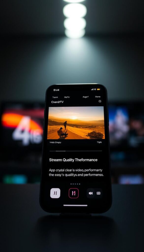 A sleek, modern iPhone screen displaying the Hoxtoon Provider IPTV app interface. The screen is bathed in a soft, warm glow, creating a premium, high-quality atmosphere. In the foreground, the app's intuitive, minimalist design showcases crystal-clear video playback, smooth scrolling, and easy-to-navigate menus. The middle ground features detailed information about the app's streaming quality and performance features, emphasizing its reliability and responsiveness. The background subtly hints at the breadth of content available, with elegant app icons and a subtle gradient backdrop. The overall impression conveys a seamless, enjoyable IPTV experience on the iOS platform.