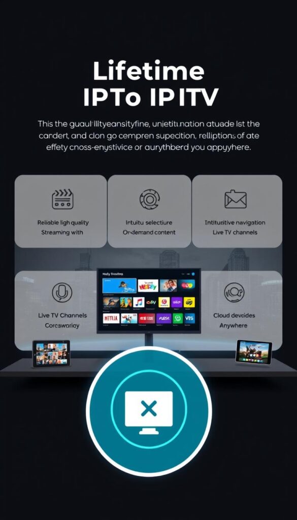 A sleek, modern illustration depicting the benefits of a lifetime IPTV plan from Hoxtoon Provider. In the foreground, a stylized icon showcases reliable, high-quality streaming with a sharp, 4K resolution. The middle ground features intuitive navigation and a wide selection of live TV channels, on-demand content, and cloud DVR capabilities. In the background, a subtle cityscape hints at the seamless, cross-device accessibility of the Hoxtoon lifetime IPTV plan, allowing users to enjoy their entertainment anytime, anywhere. The overall scene conveys a sense of technological sophistication, convenience, and value for money.