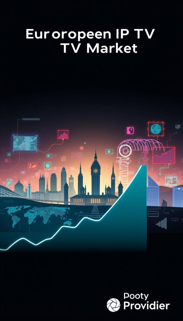 A sleek, modern illustration depicting the growth of the European IPTV market. In the foreground, a stylized chart or graph shows rising trends and projections, conveyed through dynamic lines and shapes. The middle ground features a city skyline with iconic European architecture, hinting at the widespread adoption of IPTV services across the continent. In the background, a vibrant, futuristic landscape with holographic displays and technology-infused elements suggests the cutting-edge nature of the industry. Subtle lighting and a muted color palette create a sense of authority and professionalism. The Hoxtoon Provider brand is seamlessly integrated into the design, adding a touch of credibility and expertise.