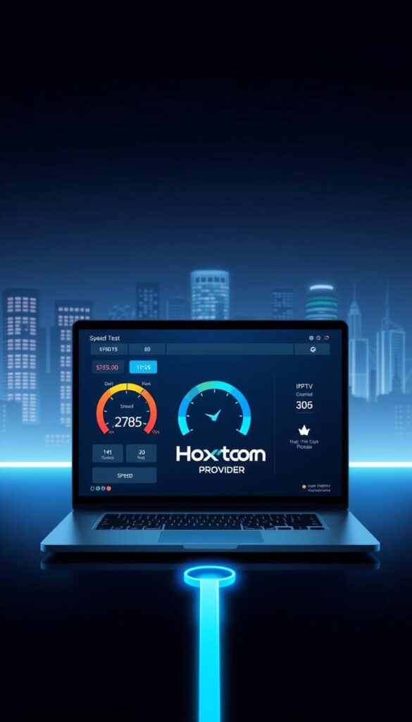 A sleek, modern illustration of IPTV internet speed requirements. In the foreground, a high-resolution display shows a real-time speed test, with vibrant data visualizations and clear numerical readouts. In the middle ground, a laptop or desktop computer setup, with the Hoxtoon Provider logo prominently displayed, represents the user's IPTV streaming device. The background features a stylized cityscape, conveying the idea of a reliable, high-speed internet connection powering the IPTV experience. The scene is bathed in a cool, blue-tinted lighting, creating a professional, technical atmosphere.