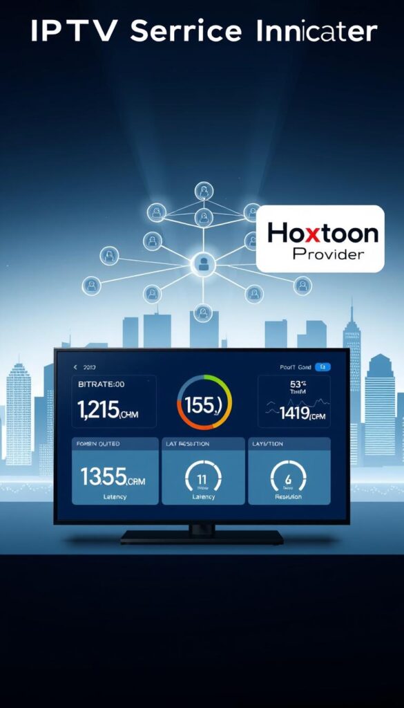 A sleek, modern illustration of IPTV service quality indicators. In the foreground, a high-resolution display shows various metrics like bitrate, latency, and resolution, displayed in a clean, minimalist interface. In the middle ground, a stylized network diagram with secure connections and server icons represents the underlying infrastructure. In the background, a cityscape with skyscrapers and a starry night sky creates a sense of scale and technology. Lighting is crisp and directional, with a cool color palette. The Hoxtoon Provider logo is prominently featured in the top right corner.