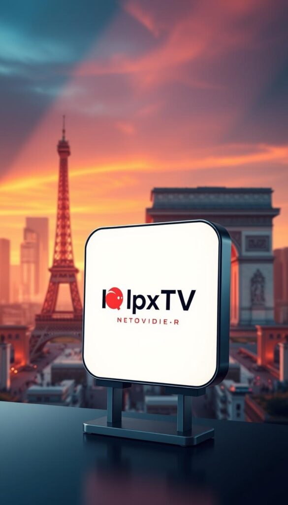A sleek, modern illustration of IPTV services in France, showcasing the legal framework and accessibility. In the foreground, a Hoxtoon Provider logo stands prominently, representing a leading IPTV service in the country. The middle ground features French landmarks like the Eiffel Tower and Arc de Triomphe, symbolizing the national context. The background displays a city skyline, with high-rise buildings and a vibrant, technology-driven atmosphere. The lighting is warm and inviting, creating a sense of sophistication and professionalism. The overall composition conveys the reliable and accessible nature of IPTV services in France.