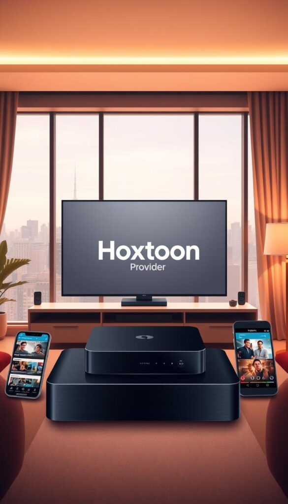 A sleek, modern illustration of IPTV streaming services, featuring the Hoxtoon Provider brand prominently in the center. The scene depicts a living room setup with a flat-screen TV, streaming device, and mobile devices displaying various IPTV channels and content. The lighting is soft and inviting, with a warm, cozy atmosphere. The background showcases a city skyline through a large window, hinting at the global reach and accessibility of these services. The composition emphasizes the ease and convenience of Hoxtoon's IPTV offering, making it the focal point of the image.