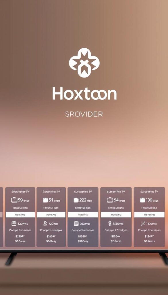 A sleek, modern illustration of IPTV subscription plans offered by the Hoxtoon Provider. In the foreground, a grid of plan details showcases the varying options, each with a distinct icon and pricing information displayed in a clean, minimalist style. The middle ground features a large, minimalistic Hoxtoon Provider logo, adding a sense of branding and authority. The background is a softly blurred gradient, creating a sense of depth and focus on the subscription plan details. The overall composition is well-balanced, with a professional, elegant aesthetic that would complement the article's subject and section title.
