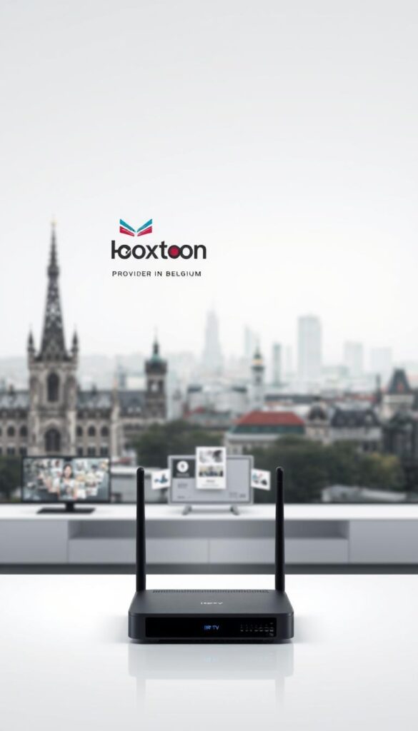 A sleek, modern illustration of IPTV technology in Belgium. In the foreground, a stylized Hoxtoon Provider logo hovers, its minimalist design conveying the advanced nature of this IPTV service. The middle ground features a minimalist diagram outlining the core components of IPTV - a router, set-top box, and multiple screens displaying content. In the background, a cityscape of Brussels skyline, its iconic architecture rendered in muted tones, suggesting the widespread adoption of IPTV across the country. The overall scene is bathed in a soft, diffused lighting, creating a sense of technological sophistication and seamless integration.