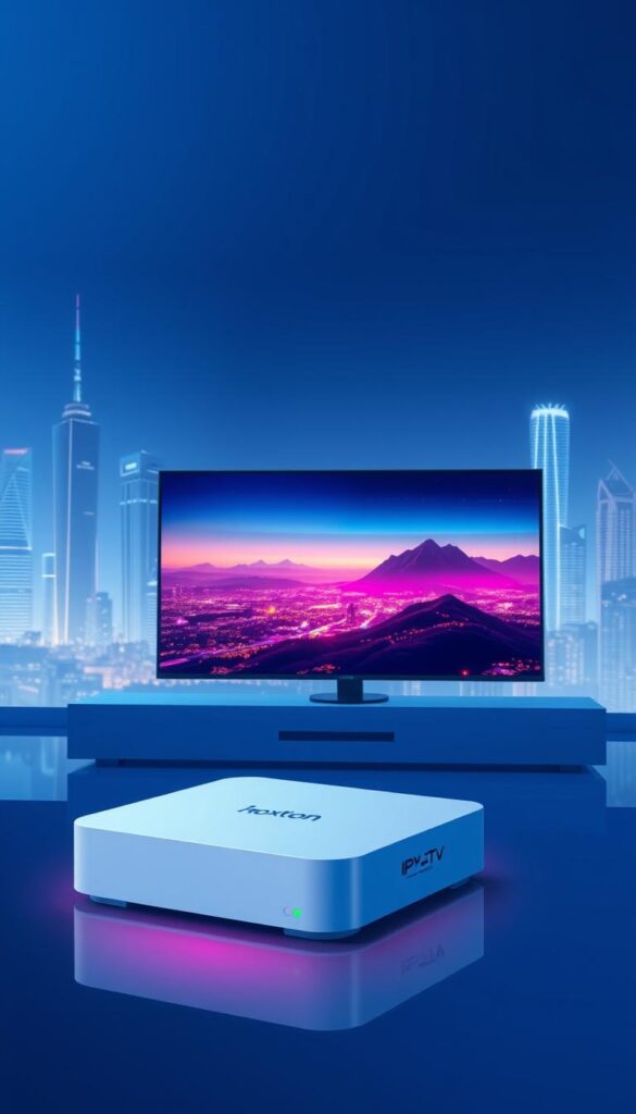 A sleek, modern illustration of IPTV technology, showcasing a Hoxtoon Provider streaming platform. In the foreground, a stylized IPTV box with clean lines and a minimalist design, emitting a soft, ambient glow. In the middle ground, a high-definition TV screen displays a vibrant, cinematic landscape, hinting at the rich content available through the IPTV service. The background features a futuristic cityscape, with towering skyscrapers and a vibrant, neon-lit skyline, conveying the advanced, cutting-edge nature of the IPTV technology. The overall scene is bathed in a cool, blue-tinted lighting, creating a sleek, sophisticated atmosphere.