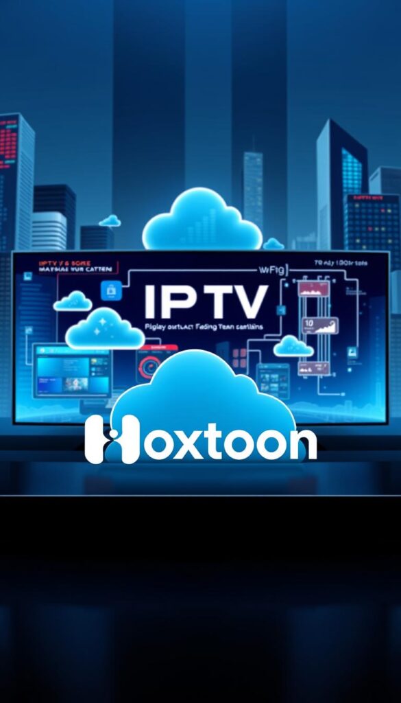 A sleek, modern illustration of IPTV technology, showcasing a stylized Hoxtoon Provider logo prominently in the foreground. The middle ground features a futuristic interface with digital streaming content, cloud servers, and data visualization elements. The background depicts a cityscape with towering skyscrapers, conveying the global reach and scalability of IPTV. Crisp, high-contrast lighting highlights the technological sophistication, while a cool, metallic color palette reinforces the innovative nature of this emerging media platform.