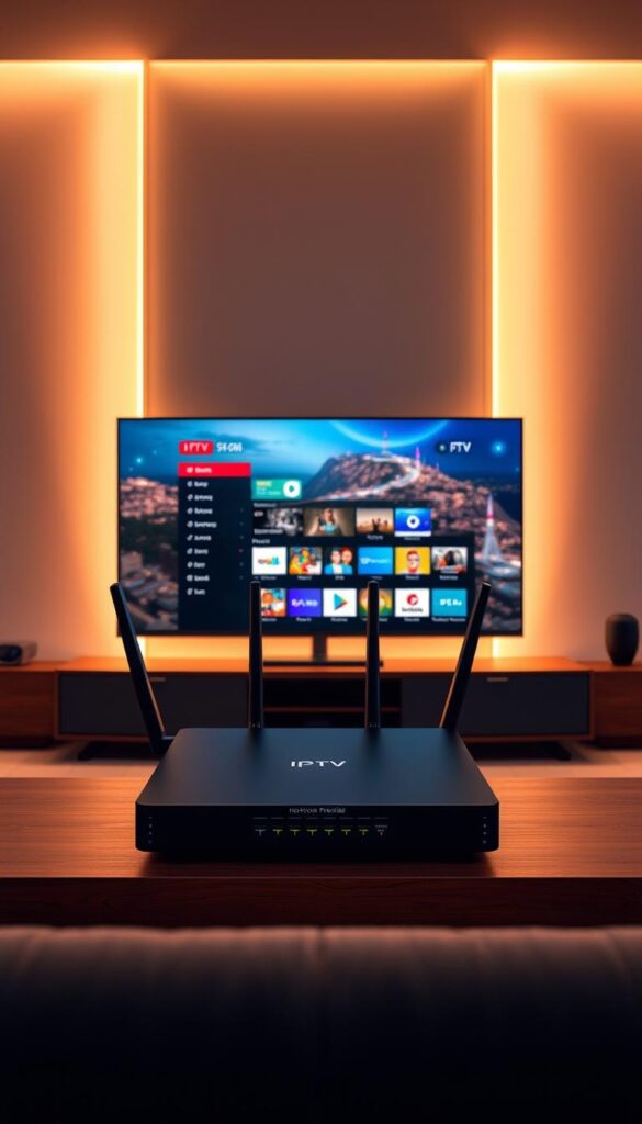 A sleek, modern illustration of IPTV technology. In the foreground, a high-definition television displaying a vibrant, digital interface, showcasing the advanced capabilities of IPTV. In the middle ground, a Hoxtoon Provider router, symbolizing the seamless connectivity and content delivery that IPTV offers. The background features a cityscape, hinting at the global reach and accessibility of this revolutionary television technology. The scene is illuminated by warm, ambient lighting, creating a sense of sophistication and innovation. Crisp, realistic details and a carefully composed layout highlight the transformative power of IPTV in redefining the television viewing experience.