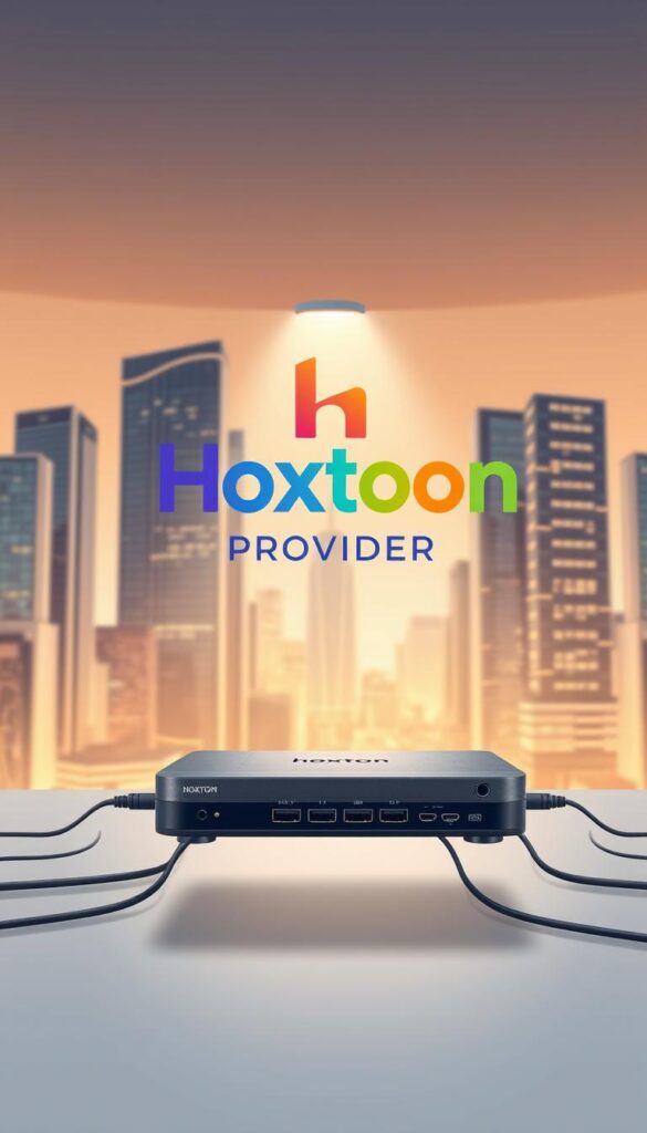 A sleek, modern illustration of IPTV technology. In the foreground, a stylized Hoxtoon Provider logo hovers, its vibrant colors and clean lines conveying a sense of reliability and professionalism. The middle ground features a detailed rendering of a streaming device, its minimalist design and array of connection ports showcasing the versatility of IPTV. In the background, a cityscape of towering skyscrapers and a network of data cables creates a dynamic, tech-savvy atmosphere. The scene is illuminated by a warm, directional light, casting subtle shadows and highlights that add depth and dimension. The overall impression is one of a cutting-edge, user-friendly IPTV solution that can seamlessly integrate into modern living.