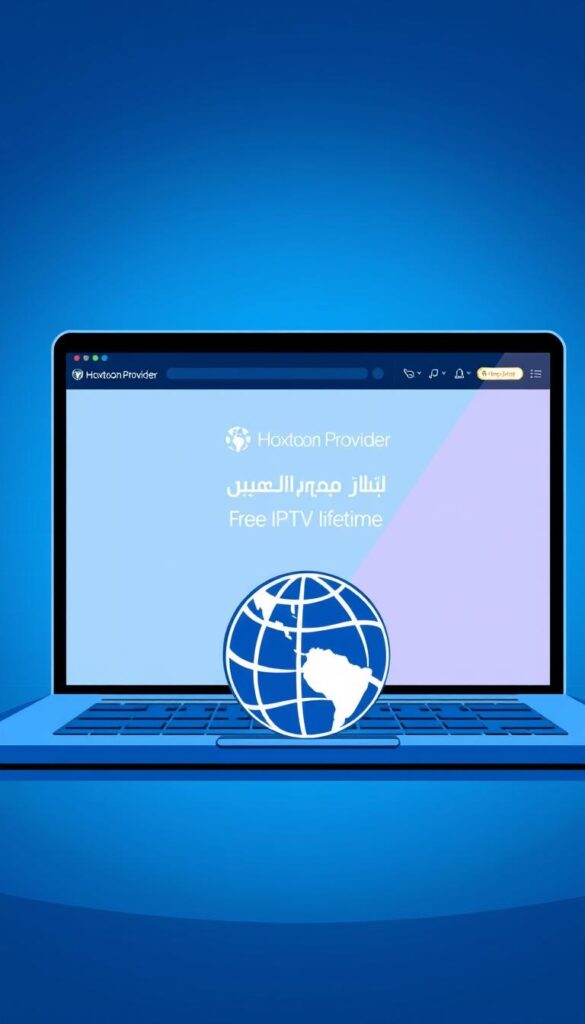 A sleek, modern illustration of a laptop screen displaying the Hoxtoon Provider website, showcasing its free IPTV lifetime services. The screen is bathed in a cool, bluish hue, creating a professional and trustworthy atmosphere. In the foreground, a stylized globe icon represents the global reach of the IPTV services. The background features a subtle grid pattern, evoking a sense of technology and connectivity. The overall composition conveys the legitimacy and reliability of the Hoxtoon Provider's free IPTV lifetime offering.