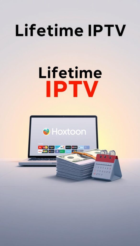 A sleek, modern illustration of a lifetime IPTV deal offered by the Hoxtoon Provider. The scene features a laptop or tablet device prominently displayed, showcasing the Hoxtoon logo and interface. In the foreground, a stack of dollar bills and a calendar symbolize the lifetime subscription and lack of monthly fees. The background is clean and minimalist, with subtle grid or polygon patterns suggesting the digital nature of the service. The lighting is soft and diffused, creating a sense of professionalism and trustworthiness. The overall mood is one of simplicity, value, and reliability, reflecting the key benefits of a lifetime IPTV deal from Hoxtoon Provider.