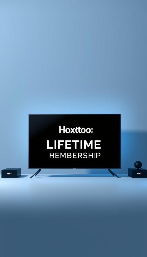 A sleek, modern illustration of a lifetime IPTV membership from the Hoxtoon Provider. In the foreground, a minimalist digital display showcases the Hoxtoon logo and text highlighting "LIFETIME IPTV MEMBERSHIP". The middle ground features a clean, high-tech interface with various channel icons, creating a sense of the comprehensive content available. In the background, a subtle gradient of blues and grays evokes a sophisticated, premium atmosphere. The lighting is soft and directional, casting a subtle glow on the components. The overall composition conveys a sense of exclusivity, reliability, and the value of a lifetime IPTV service from Hoxtoon.