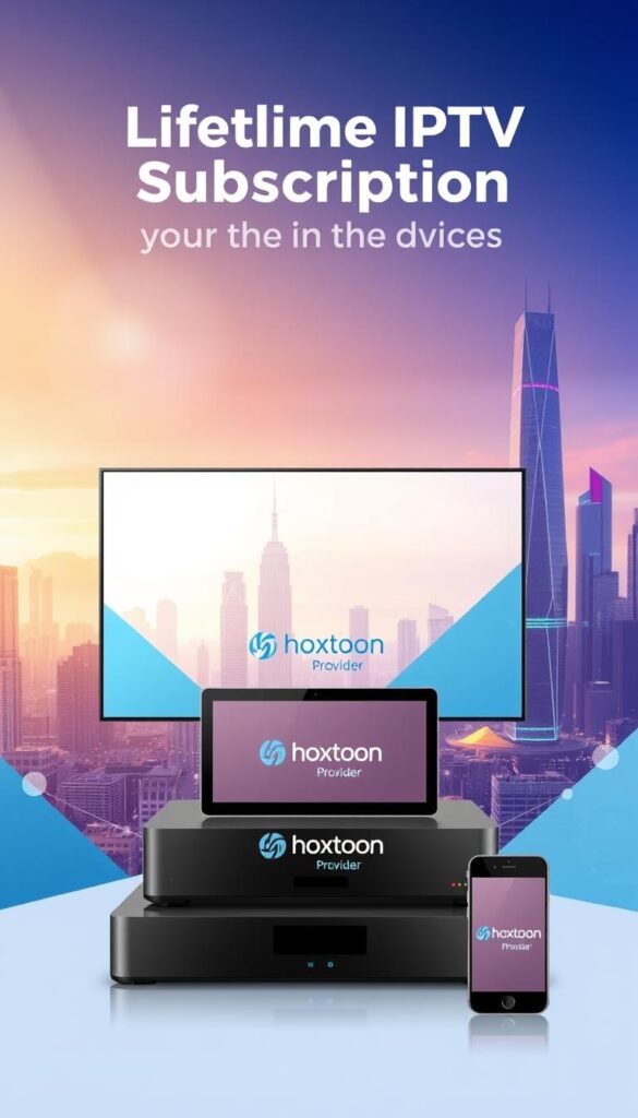 A sleek, modern illustration of a lifetime IPTV subscription for multiple devices. In the foreground, a stack of various electronic devices, including a smart TV, tablet, and smartphone, all displaying the Hoxtoon Provider logo. The devices are surrounded by a clean, minimalist design, with subtle gradients and geometric shapes in shades of blue and gray, conveying a sense of technology and connectivity. In the background, a cityscape with tall skyscrapers and a vibrant, futuristic atmosphere, suggesting the global reach and versatility of the IPTV service. The scene is bathed in a soft, warm lighting, creating a welcoming and aspirational mood.