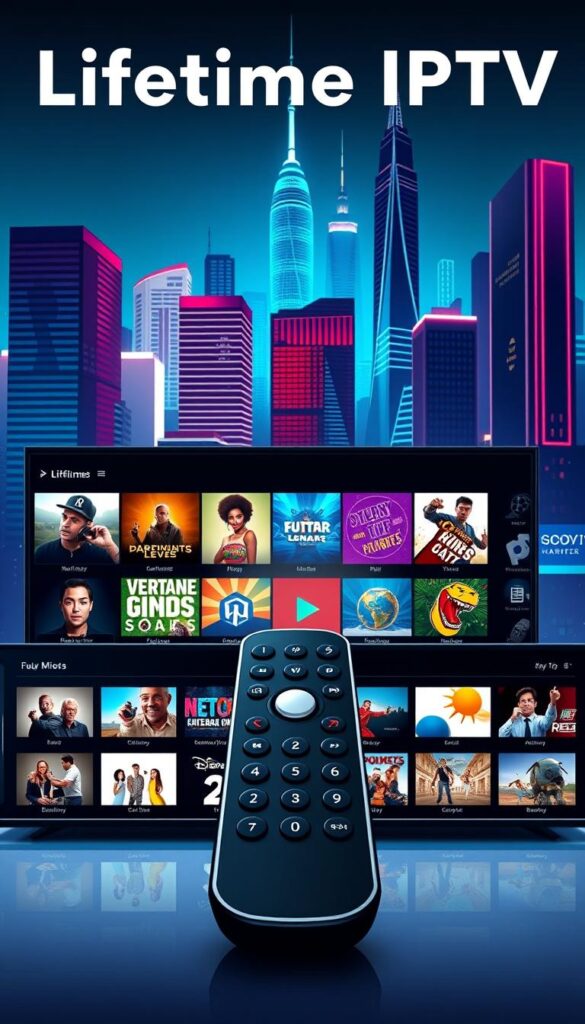 A sleek, modern illustration of a lifetime IPTV subscription from the Hoxtoon Provider. In the foreground, a sophisticated digital interface showcases a grid of diverse entertainment options, from live TV channels to on-demand movies. The middle ground features a stylized remote control, symbolizing the convenience of this subscription service. In the background, a vibrant cityscape with towering skyscrapers and neon lights reflects the global reach and future-forward nature of this lifetime IPTV offering. The overall scene conveys a sense of technological sophistication, accessibility, and the enduring value of a lifetime subscription from the Hoxtoon Provider.