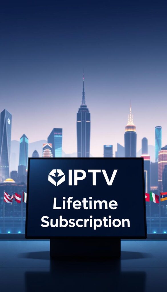 A sleek, modern illustration of a lifetime IPTV subscription from the Hoxtoon Provider. In the foreground, a minimalist digital display showcases a striking IPTV logo and the phrase "Lifetime Subscription" in a clean, bold font. The middle ground features a variety of international flags, representing the global accessibility of the IPTV service. In the background, a cityscape with towering skyscrapers and a vibrant, neon-lit skyline creates a futuristic, high-tech atmosphere. The scene is illuminated by a soft, directional light, casting subtle shadows and highlights to accentuate the sophisticated, premium feel of the Hoxtoon Provider lifetime IPTV subscription.