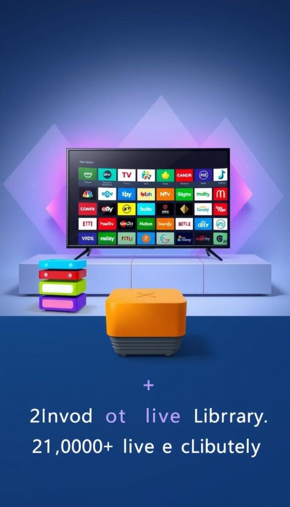 A sleek, modern illustration of the Hoxtoon Provider IPTV bundle offers. In the foreground, a stylized stack of colorful TV icons representing the extensive 21,000+ live channel library. The middle ground showcases a large, high-definition television screen displaying a variety of channel logos, conveying the breadth of content. In the background, a clean, minimalist design with subtle gradients and shapes, creating a sense of sophistication. The lighting is soft and directional, highlighting the key elements. The overall mood is one of quality, value, and the abundance of entertainment options available through the Hoxtoon Provider IPTV service.