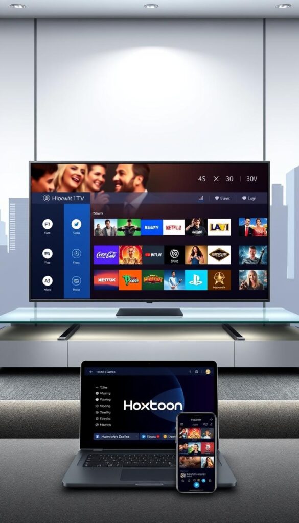 A sleek, modern illustration of the Hoxtoon Provider IPTV service. In the foreground, a sophisticated smart TV displays a selection of high-quality streaming channels and on-demand content. The TV is positioned on a minimalist, glass-topped entertainment unit, surrounded by subtle lighting accents. In the middle ground, a laptop and mobile device showcase the intuitive Hoxtoon app interface, highlighting the convenience of accessing the service across devices. The background features a stylized cityscape, hinting at the global reach and reliability of the Hoxtoon network. The overall scene conveys a sense of premium quality, technological innovation, and seamless entertainment experience.