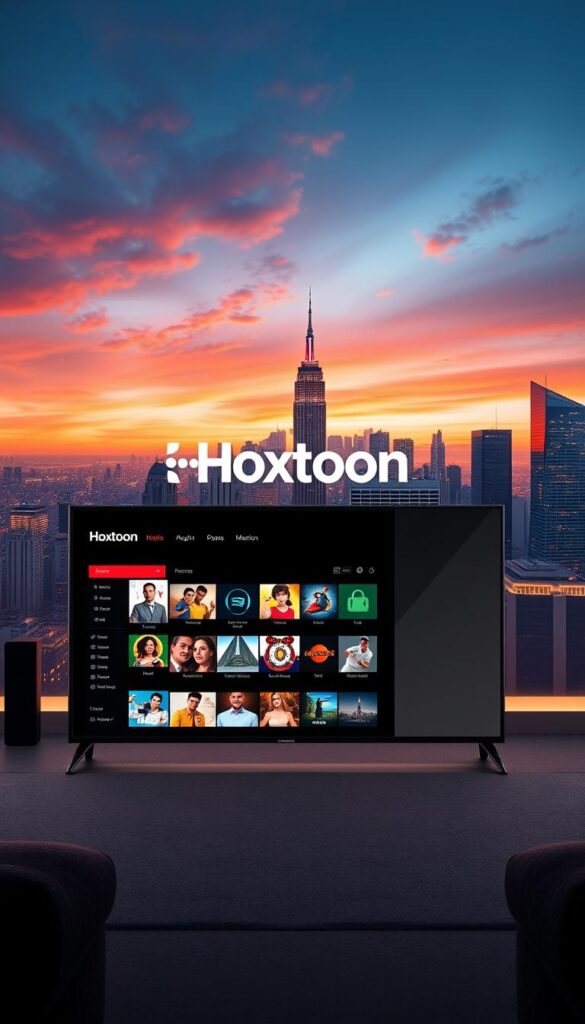 A sleek, modern illustration of the Hoxtoon Provider IPTV service. In the foreground, a high-resolution display showcases a diverse selection of TV channels, movies, and live sports. The middle ground features the Hoxtoon logo prominently, conveying a sense of authority and reliability. In the background, a cityscape with skyscrapers and a vibrant nighttime sky sets the scene, hinting at the global reach and comprehensive coverage of the Hoxtoon IPTV platform. The image is bathed in a warm, inviting color palette, conveying a sense of premium quality and user-friendly experience. Shot with a wide-angle lens to capture the full scope of the service, the scene is illuminated by soft, directional lighting that accentuates the sleek, modern design elements.
