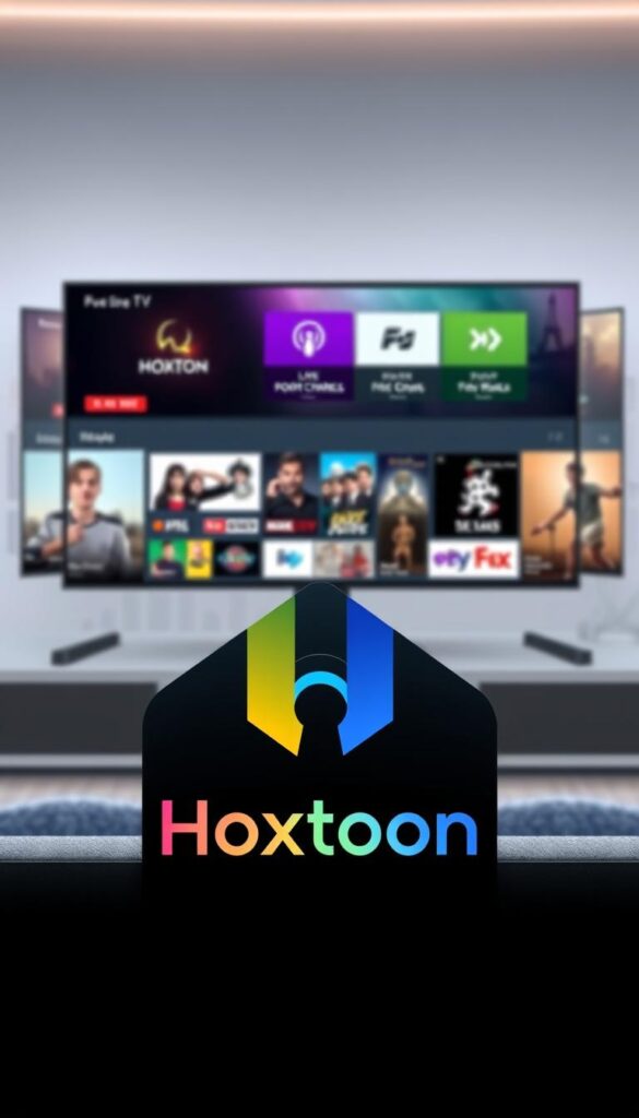 A sleek, modern illustration of the "Hoxtoon Provider" IPTV service. In the foreground, a high-resolution rendering of the Hoxtoon logo, its minimalist design and vibrant colors commanding attention. In the middle ground, a stylized representation of the Hoxtoon IPTV interface, showcasing a diverse selection of live TV channels and on-demand content. The background features a subtle cityscape, hinting at the global reach and accessibility of the Hoxtoon service. The overall composition conveys a sense of sophistication, innovation, and the seamless integration of technology into everyday life.