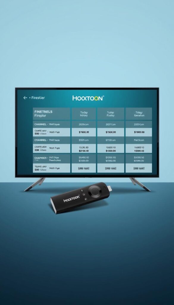 A sleek, modern illustration of the Hoxtoon Provider IPTV subscription plans, showcased on a Firestick device against a minimalist, techno-inspired background. The foreground features the Hoxtoon logo prominently displayed, surrounded by a grid-like arrangement of plan options, each with clear pricing, channel counts, and feature details. The middle ground depicts the Firestick device in a slightly angled, three-quarter view, seamlessly integrated into the composition. The background is a subtle gradient of cool tones, conveying a sense of professionalism and high-quality service. The overall mood is one of sophisticated simplicity, highlighting the Hoxtoon Provider's reliable and user-friendly IPTV offerings for Firestick users.