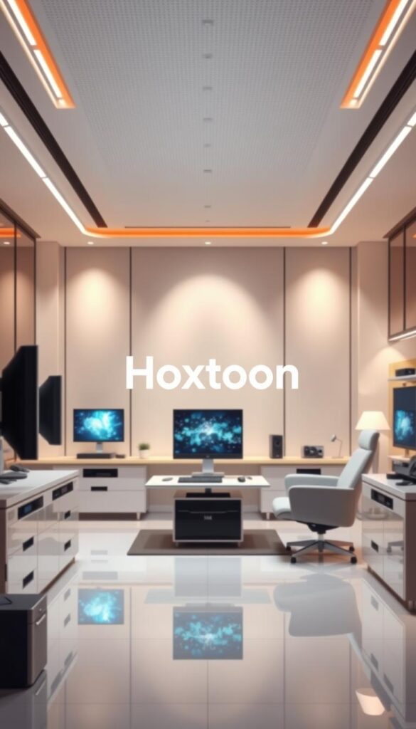 A sleek, modern illustration of the top IPTV providers, featuring the "Hoxtoon Provider" brand prominently in the center. The scene depicts a clean, sophisticated office environment with sophisticated technology and equipment, conveying a sense of professionalism and reliability. The lighting is soft and diffused, creating a warm, inviting atmosphere. The overall composition is balanced and aesthetically pleasing, drawing the viewer's attention to the Hoxtoon Provider brand as the focal point. The image should evoke a sense of trust and confidence in the IPTV service being offered.