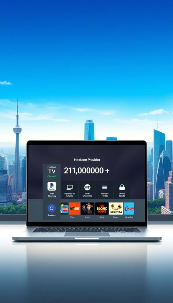 A sleek, modern illustration showcasing Hoxtoon Provider's IPTV subscription offers. In the foreground, a sophisticated laptop display presents a clean, minimalist interface highlighting Hoxtoon's expansive 21,000+ channel library. The middle ground features stylized icons and graphics representing the breadth of content, from live news and sports to movies and TV shows. In the background, a vibrant cityscape with towering skyscrapers and a clear, blue sky conveys a sense of global connectivity. Subtle lighting and a polished, high-quality aesthetic create an air of professionalism and reliability, reflecting Hoxtoon Provider's reputation as a leading IPTV service in Europe.